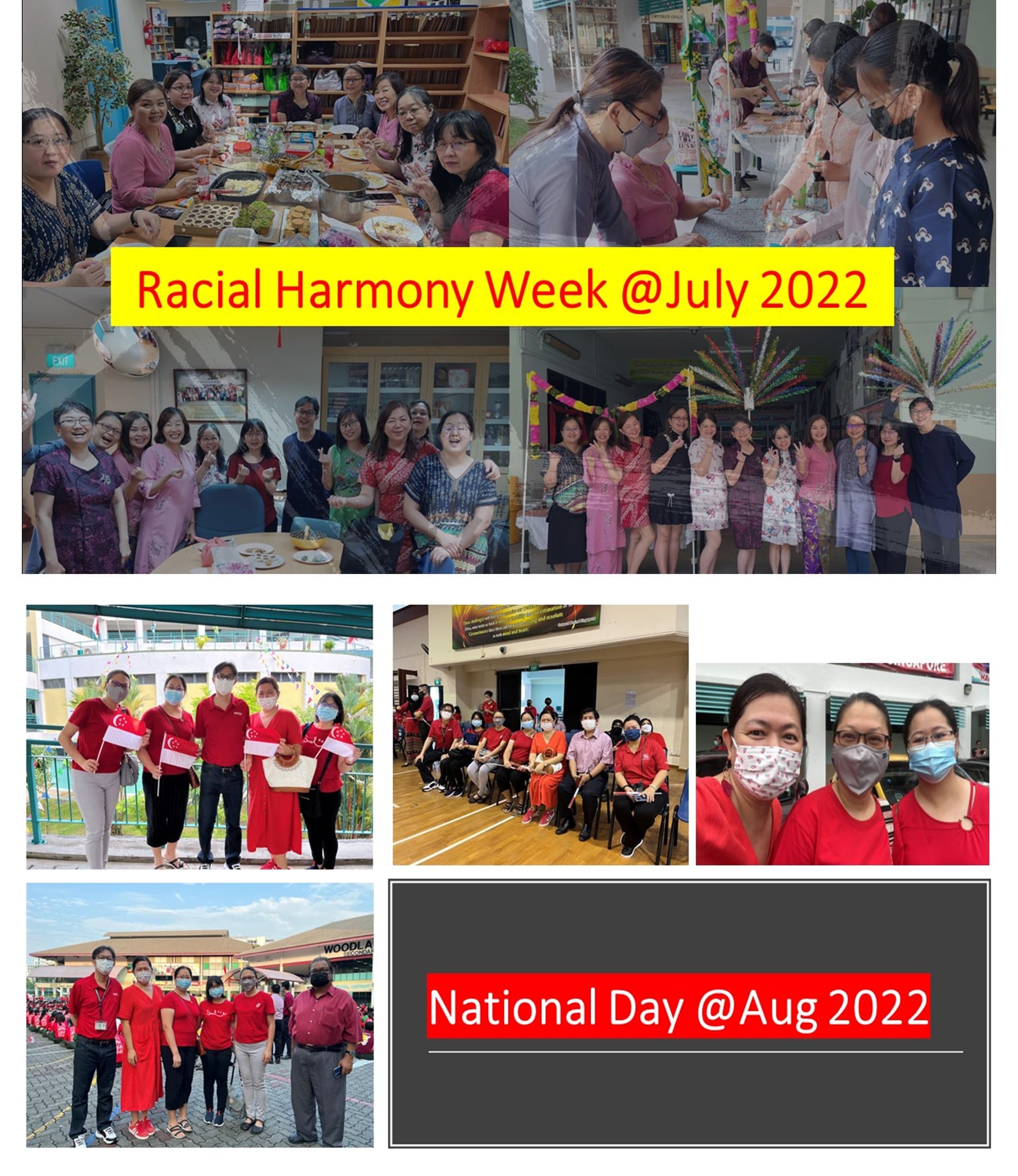Collage of group photos from Racial Harmony Week July 2022 and National Day August 2022 events.